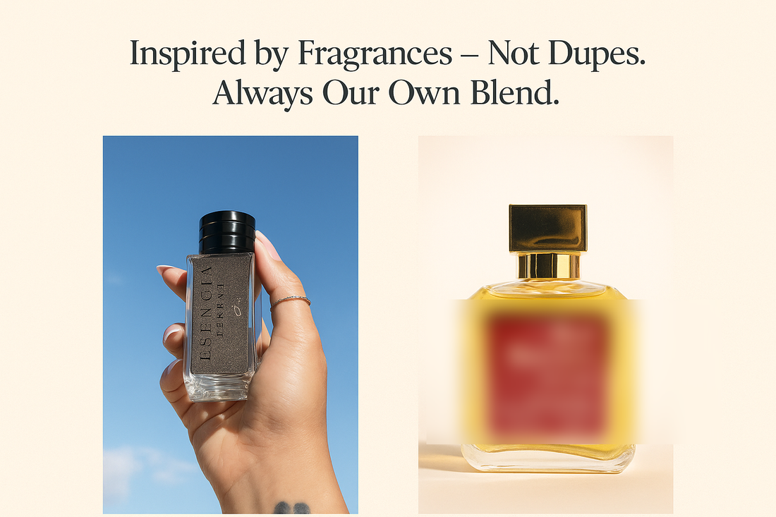 Esencia Perfume bottle beside a blurred dupe bottle, highlighting the difference between inspired fragrances and dupes. Long-lasting and affordable.